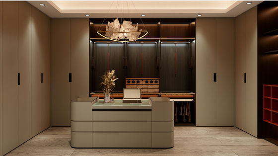 Wood Grain Modern Walk In Closet Customized With Shoes Rack Design