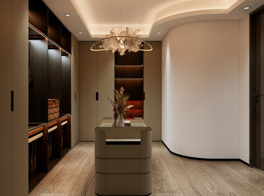 Wood Grain Modern Walk In Closet Customized With Shoes Rack Design
