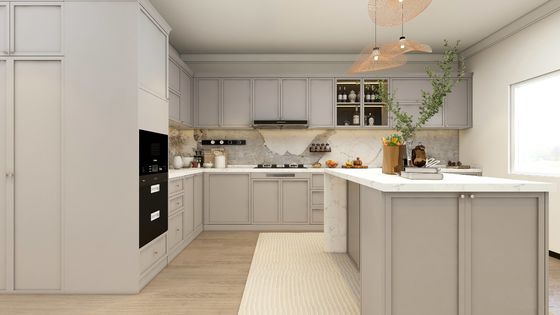 Custom Classic Wood Kitchen Cabinets L Shaped Kitchen Storage System Island Table