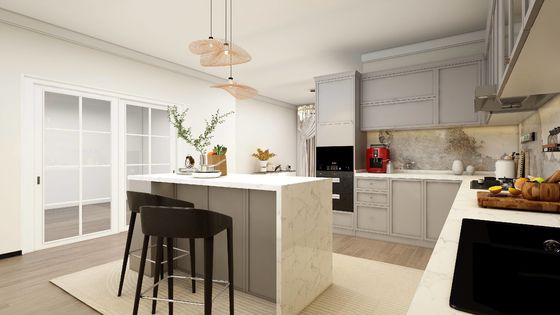 Custom Classic Wood Kitchen Cabinets L Shaped Kitchen Storage System Island Table