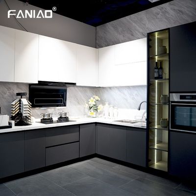 L Shaped PET Modern Kitchen Cabinet White And Grey With Pull Out Storage Basket