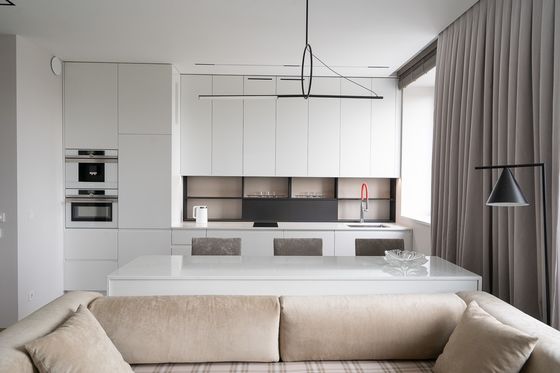 EB Modern Contemporary White Kitchen Cabinets With Dinning Table