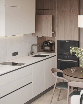 Beige Modern Contemporary EB Board Kitchen Cabinet With Sleek Design Customized