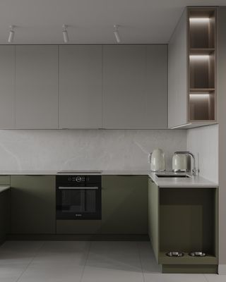 L Shaped White And Green Kitchen Cabinets Modern PET Kitchen System Tailored