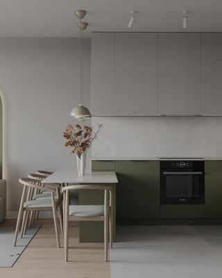 L Shaped White And Green Kitchen Cabinets Modern PET Kitchen System Tailored