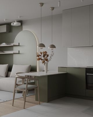 L Shaped White And Green Kitchen Cabinets Modern PET Kitchen System Tailored