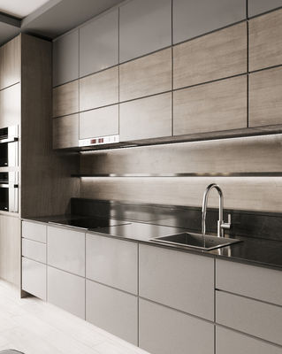 Classic Transitional PET Kitchen Cabinets Fitted Gray Kitchen Set Customized