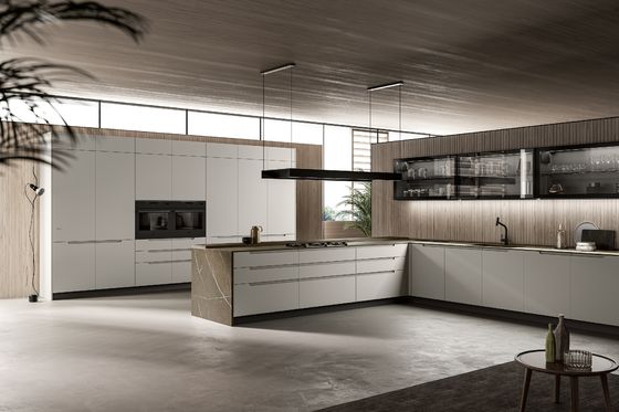 Modern Sleek PET Kitchen Cabinets Wood Veneer Customized
