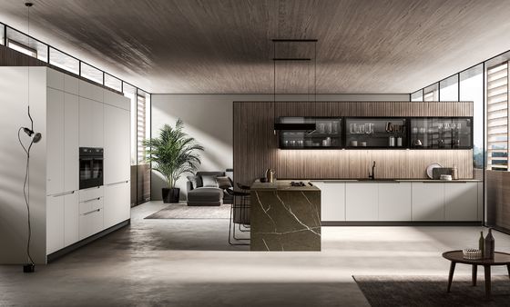 Modern Sleek PET Kitchen Cabinets Wood Veneer Customized