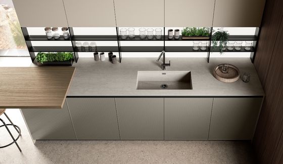 Modern Textured EB Board Kitchen Cabinet Customized With Dinning Table