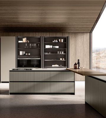 Modern Textured EB Board Kitchen Cabinet Customized With Dinning Table