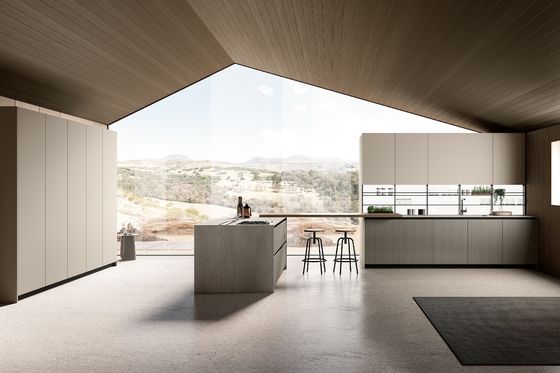 Modern Textured EB Board Kitchen Cabinet Customized With Dinning Table