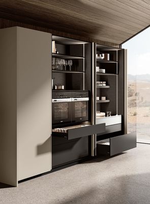Modern Textured EB Board Kitchen Cabinet Customized With Dinning Table