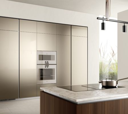 Tailored UV Kitchen Cabinet Wood Veneer Custom Kitchen Cabinets With Glass Showcase