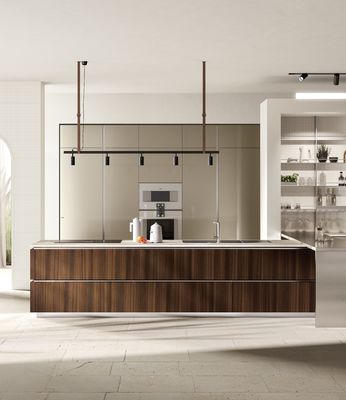 Tailored UV Kitchen Cabinet Wood Veneer Custom Kitchen Cabinets With Glass Showcase