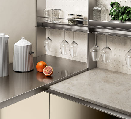 Tailored UV Kitchen Cabinet Wood Veneer Custom Kitchen Cabinets With Glass Showcase