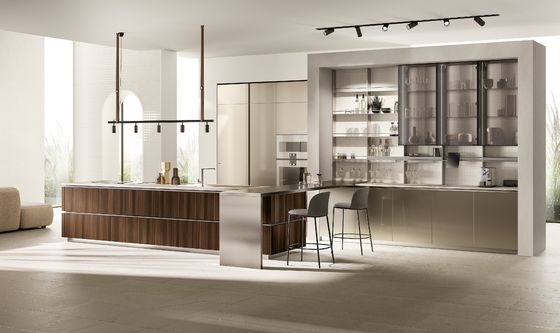 Tailored UV Kitchen Cabinet Wood Veneer Custom Kitchen Cabinets With Glass Showcase