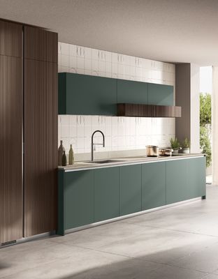 Tailored Green PET Kitchen Cabinets With Wood Grain Storage Cabinet
