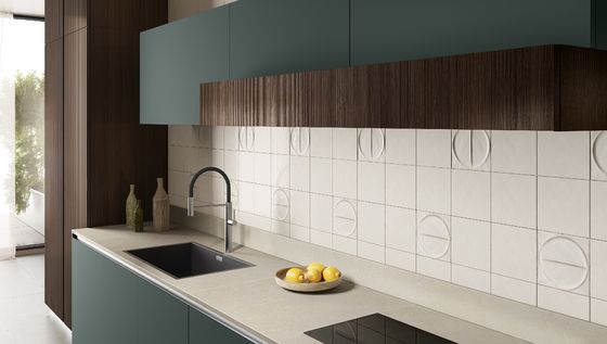 Tailored Green PET Kitchen Cabinets With Wood Grain Storage Cabinet