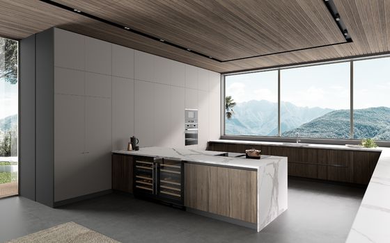 White Modern Classic Wood Kitchen Cabinets Tailored With Island Table Wine Storage