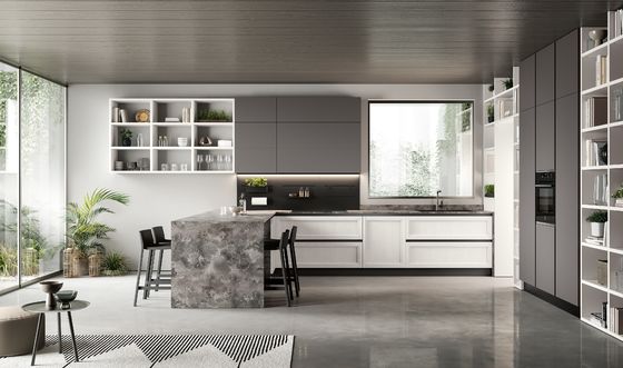 Handless Melamine Kitchen Cabinet Fitted Grey Kitchen Storage Cabinet Customized