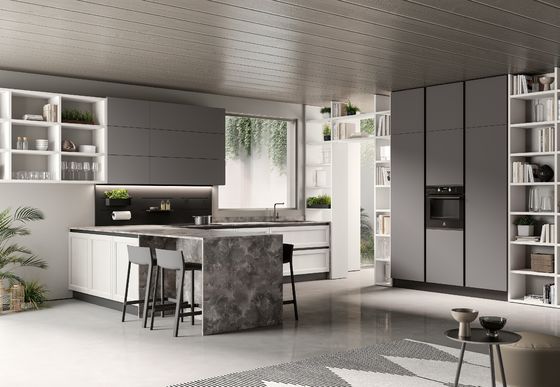 Handless Melamine Kitchen Cabinet Fitted Grey Kitchen Storage Cabinet Customized