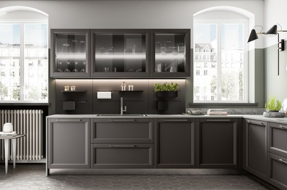 L Shaped Melamine Kitchen Cabinet Modern Dark Grey Kitchen Cabinets Customized
