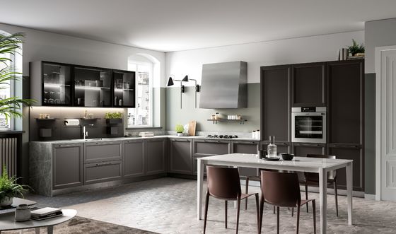 L Shaped Melamine Kitchen Cabinet Modern Dark Grey Kitchen Cabinets Customized