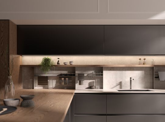 T Shaped Classic Wood Kitchen Cabinets Tailored Kitchen Set With Dining Bar