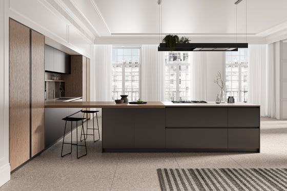 T Shaped Classic Wood Kitchen Cabinets Tailored Kitchen Set With Dining Bar