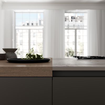 T Shaped Classic Wood Kitchen Cabinets Tailored Kitchen Set With Dining Bar