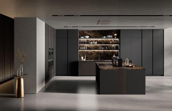 Tailored Wood Veneer Modern Black Kitchen Cabinets Modern Style With Dining Bar
