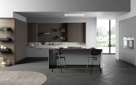 Fitted Traditional / Classic Wood Kitchen Cabinets Customized With Dining Table