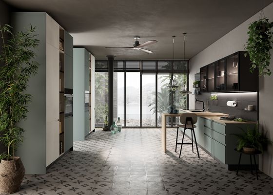Mint Green stylish PET Kitchen Cabinets Fitted With Wood Dining Table