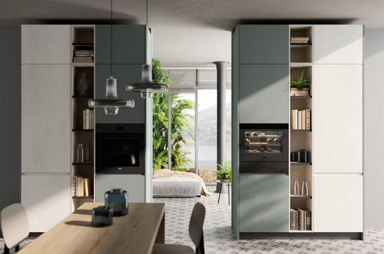 Mint Green stylish PET Kitchen Cabinets Fitted With Wood Dining Table