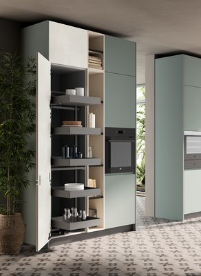 Mint Green stylish PET Kitchen Cabinets Fitted With Wood Dining Table