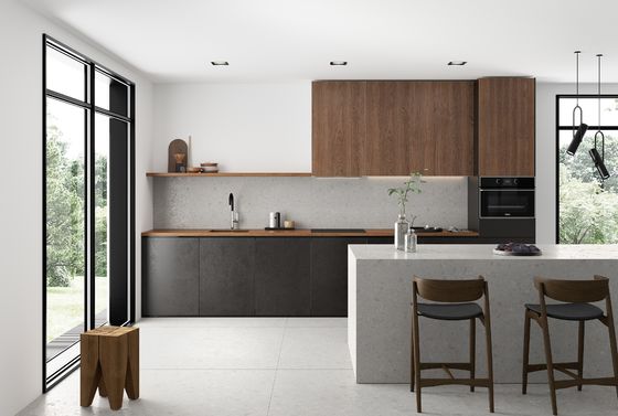 Tailored Modern Melamine Kitchen Cabinet Quartz Stone Island Table Wood Veneer Cabinet