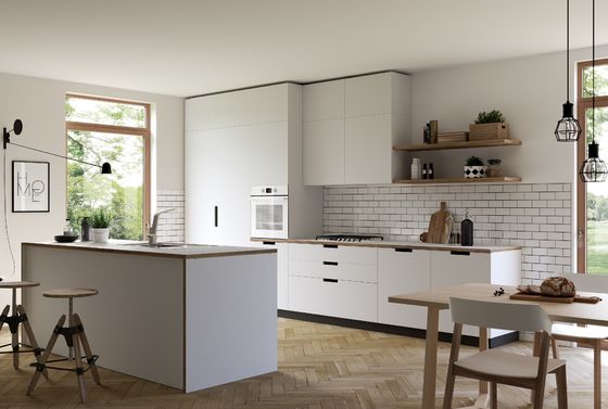 Tailored Modern Melamine Kitchen Cabinet Quartz Stone Island Table Wood Veneer Cabinet