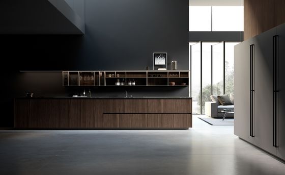 Modern Black Wood Veneer Kitchen Cabinets Tailored With Glass Showcase