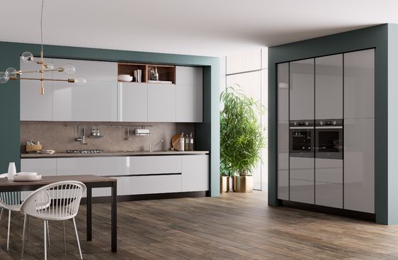 Tailored Green And White Kitchen Cabinets L Shaped Lacquer Kitchen Set