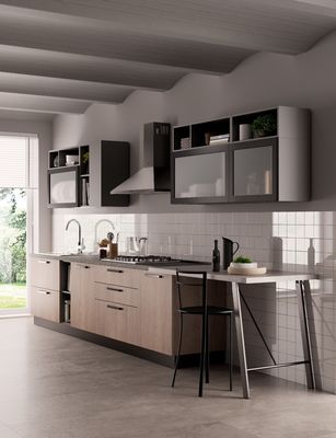 Customized Modern Wood Veneer Kitchen Cabinet Set Minimalist Kitchen System