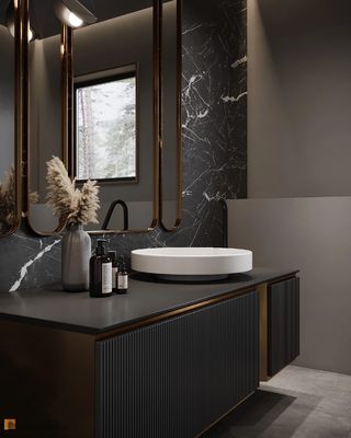 Customized Black Bathroom Vanity with Mirror and White Sink