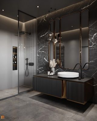 Customized Black Bathroom Vanity with Mirror and White Sink