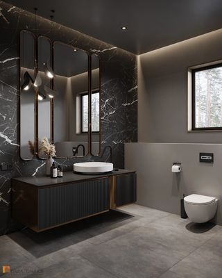 Customized Black Bathroom Vanity with Mirror and White Sink