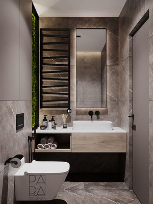 Customized Modern Wood Veneer Bathroom Vanity With Mirror And White Sink Black Rack
