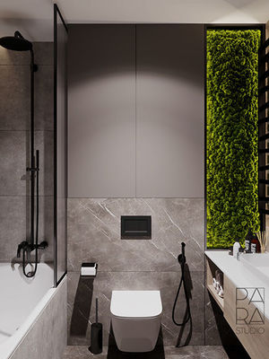 Customized Modern Wood Veneer Bathroom Vanity With Mirror And White Sink Black Rack