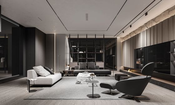 Tailored Wood Veneer TV Cabinet With Black Storage Cabinet And Showcase
