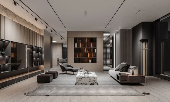 Tailored Wood Veneer TV Cabinet With Black Storage Cabinet And Showcase
