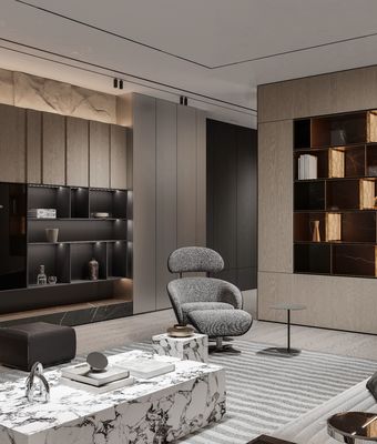 Tailored Wood Veneer TV Cabinet With Black Storage Cabinet And Showcase