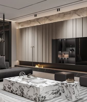 Tailored Wood Veneer TV Cabinet With Black Storage Cabinet And Showcase